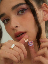 wearing Custom Zora Double-heart Necklace and custom sweetheart initial ring